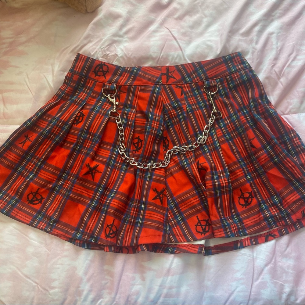 dolls kill punk plaid pleated skirt w chain detail and back zipper